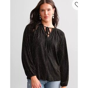 Buckle Black Gold Sparkle Tie Neck Long Sleeve Blouse Top Casual Glam Large